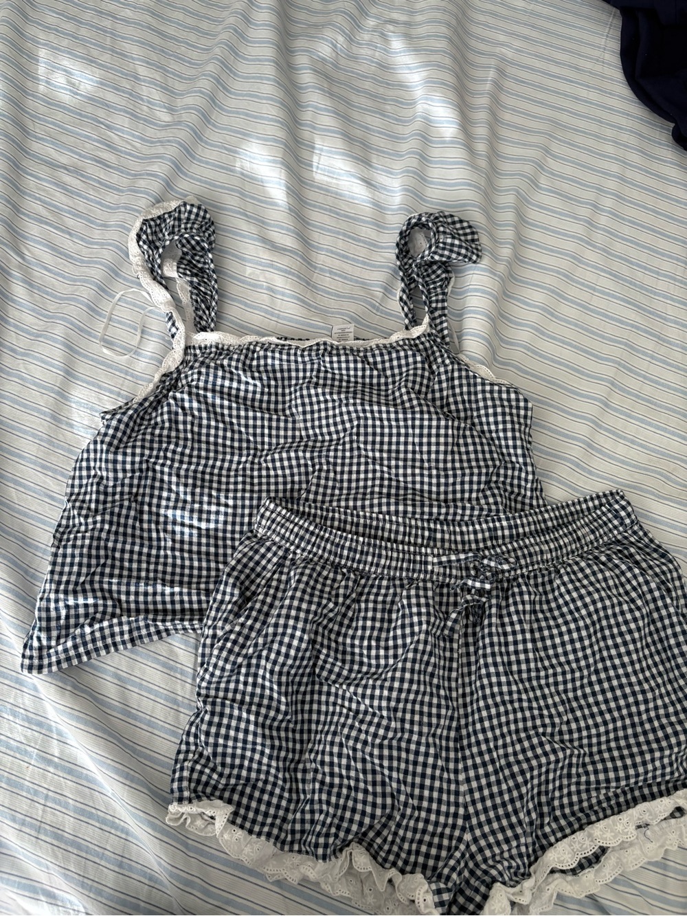 Navy and White Gingham Pj Shorts Set